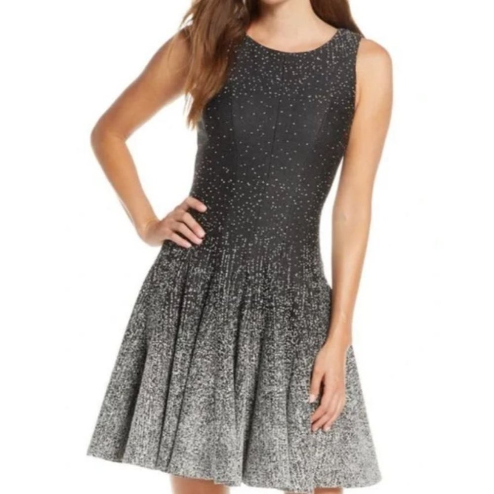 ELIZA J Black White Ombre Dot Fit & Flare Sweater Knit Dress Size 16